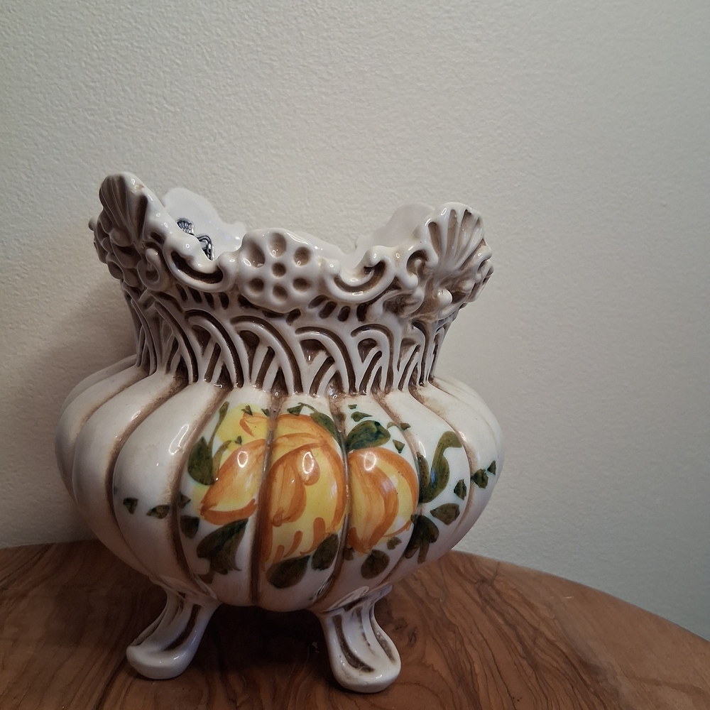Belfor Italy Hand Painted Ceramic Footed Planter Reticulated Floral Vase 5in